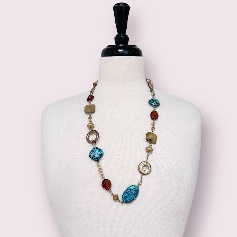 Premier Designs Chunky Turquoise Stone Amber Lucite Wood Bead Necklace
